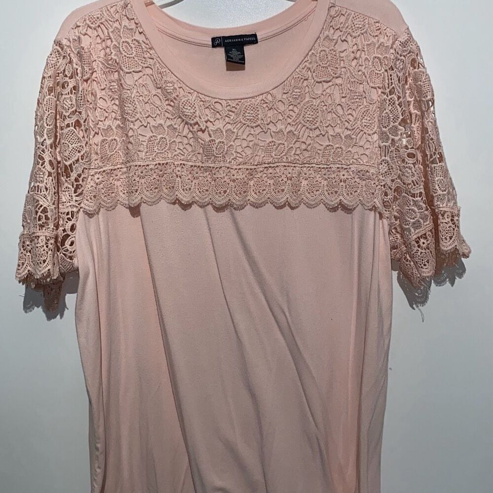 Adrianna Papell Womens XL Blush Pink Lace Yoke Short Sleeve Knit Top RN59782